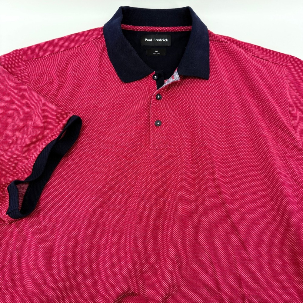 Paul Fredrick Polo Shirt Mens 4XL Red Micro Pattern Short Sleeve Navy Trim